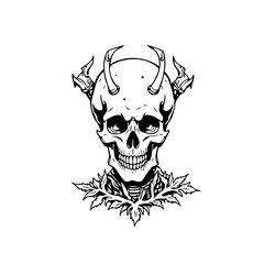 Ornate devilish skull with horns surrounded by leaves a spooky skeletal figure illustration artwork