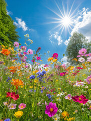 Wildflowers blooming under summer sun in idyllic meadow