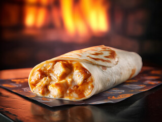 Delicious chicken wrap with melted cheese on paper in front of fireplace