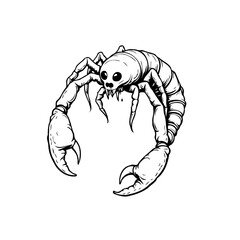 Stylized fantasy creature with disproportionate pincers and multiple legs in black and white
