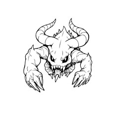 Stylized ferocious horned monster illustration with sharp claws and menacing facial features
