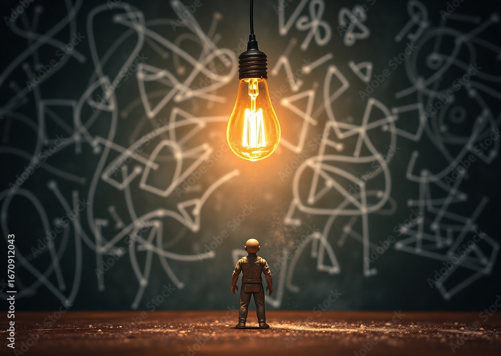 Poster a tiny figure stands on a desk, illuminated by a glowing light bulb against a dark wall filled with 