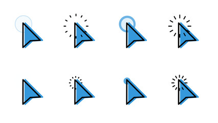 Set of 8 mouse pointer icons. Blue arrow cursor pack showing click, selection, tap and idle states. Graphic elements for UI/UX design, web, and software. Isolated on a transparent background.
