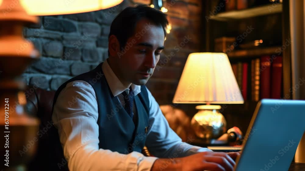 Poster man in suit working late on computer.