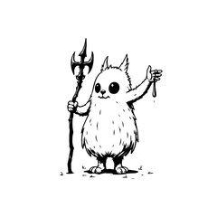 Whimsical creature illustration holding a trident and dripping object in a playful dark style for