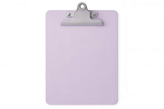 Purple clipboard with metal clip on transparent background, ideal for showcasing notes, checklists, or important documents
