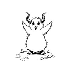 Whimsical horned creature illustration standing cheerily on a rocky surface with a joyful