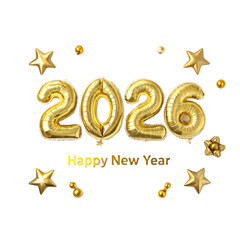 Golden balloons forming the year two thousand twenty six with stars and confetti on black background