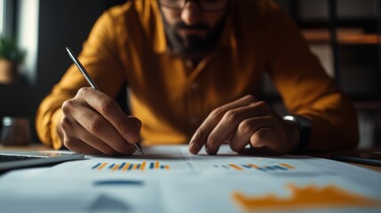 Business professional engaging in data analysis office environment digital workstation close-up view concentration on financial reports