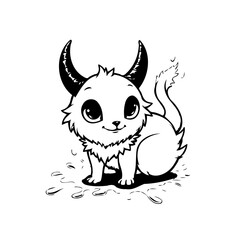 Whimsical horned kitten artwork with expressive eyes and a spiky tail a delightful illustration