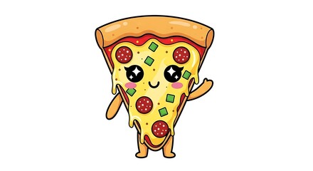 Cute Cartoon Pizza Slice Character Waving Isolated on White Background