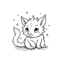 Whimsical outlined kitten character with sparkle accents and gentle expression for creative