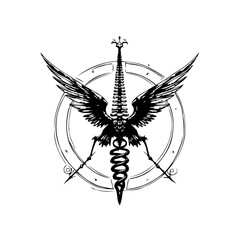 Winged anatomical spine emblem within a ring an intriguing blend of symbolism and skeletal