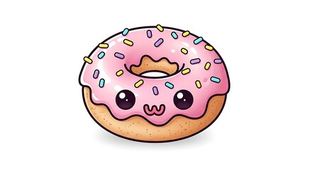 Cute Kawaii Donut Character with Pink Frosting and Sprinkles Isolated on White Background