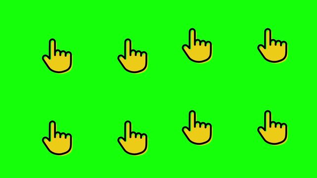 Pack of 8 yellow animated mouse pointer icons with tap, select and click gestures. Hand cursor set for UI/UX design, web interaction, and presentations. Looped animation on transparent background.