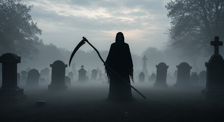 Grim reaper silhouette in misty graveyard