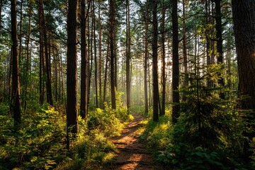 Fototapeta premium Sunlit path through a dense pine forest