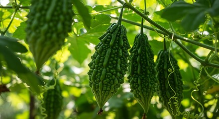 Green Bitter Melons Hanging on Vine in Organic Garden