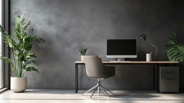 This  depicts a contemporary home office setup with modern furniture and plants for aesthetic appeal.