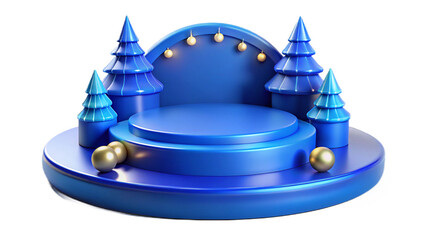 Festive blue christmas podium with trees and baubles isolated on transparent background