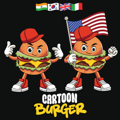 Cartoon Burger Character Mascot with Pose and Flags
