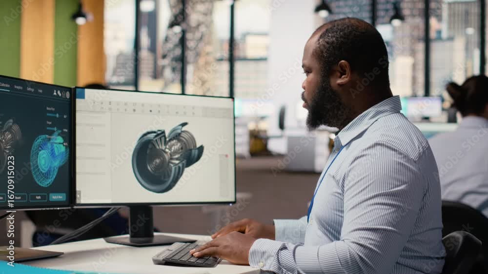 Poster engineer in office working on wind turbine component cad design, doing eco friendly energy research.