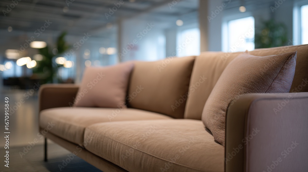 Aufkleber medium frame capturing a minimalist sofa with soft lighting the background subtly out of focus to em