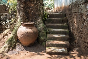 Rustic stone steps with clay jar high resolution picture