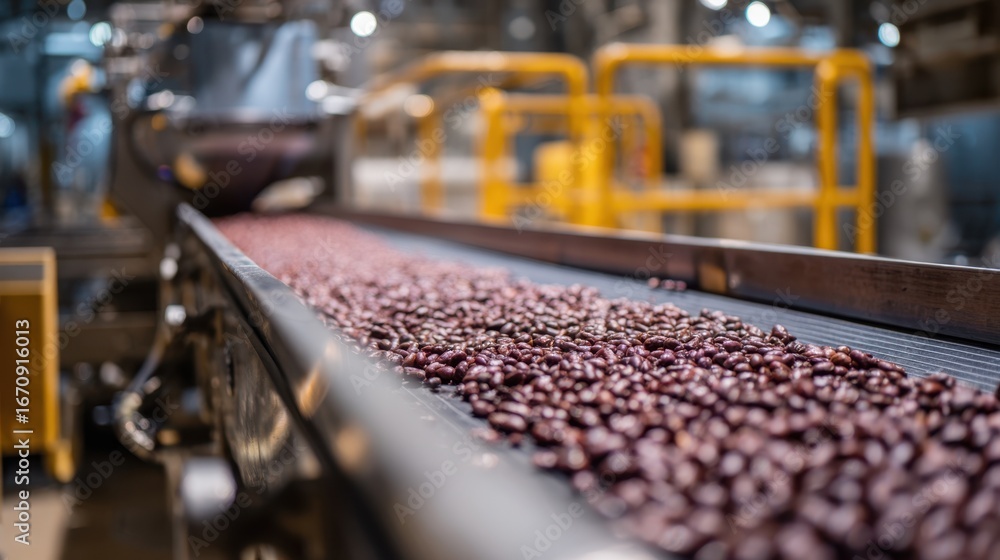 Poster medium shot of automated bean sorting system inside refrigerated storage clear focus on beans moving