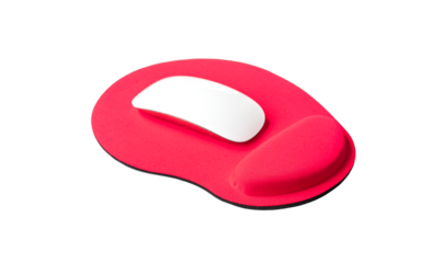 Red color wrist rest mousepad with computer mouse on top. Isolated on transparent background.