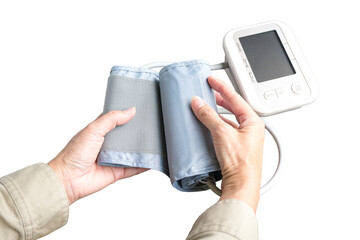 Woman reaching out to blood pressure monitor device. Isolated on transparent background.
