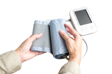 Woman reaching out to blood pressure monitor device. Isolated on transparent background.