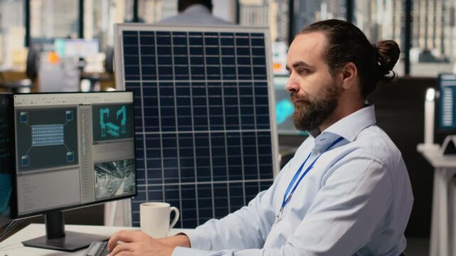 Renewable energy researcher using simulation software to automate solar panels assembly and wind turbines farm infrastructure, improving green industry efficiency, camera B
