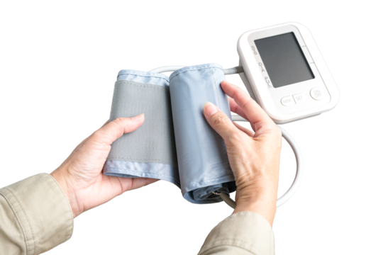 Woman reaching out to blood pressure monitor device. Isolated on transparent background.