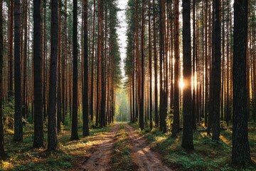 Obraz premium Sunlight streams through a pine forest path