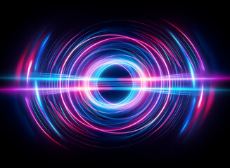 Vibrant concentric circles of pink and blue light pulse outwards from a dark center, intersected by a horizontal beam.  The effect is hypnotic and energetic.