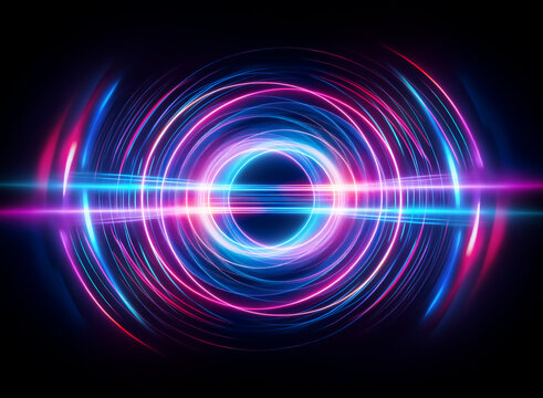 Vibrant concentric circles of pink and blue light pulse outwards from a dark center, intersected by a horizontal beam. The effect is hypnotic and energetic. - Powered by Adobe