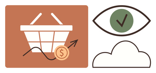 Shopping basket with upward arrow, dollar coin, cloud, and eye with checkmark. Ideal for e-commerce, business growth, profitability, cloud services strategy analytics and market success. Simple