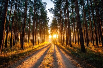 Fototapeta premium Golden sunlight streams down a forest path (1)