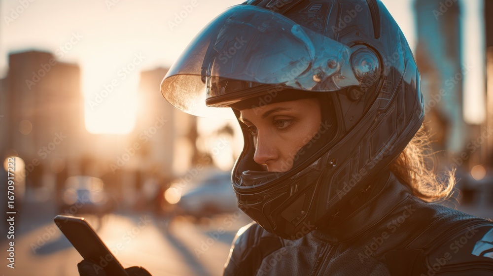 Poster medium shot of a rider monitoring smart helmet connectivity features on a mobile app the helmet in s