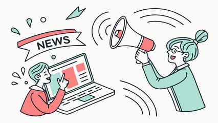 Online News Announcement Laptop Megaphone Breaking News Illustration Cartoon Characters Flat Design Social Media Post Website Banner Digital Marketing Communication Public Relations Advertisement Pro.
