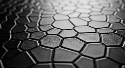 Close up abstract textured background of a dark gray geometric pattern with hexagonal and irregular polygon shapes creating a mosaic effect