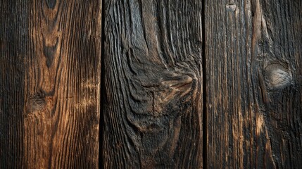 Obraz premium Rustic, dark wood surface aged texture showcases intricate grain patterns. Charred and weathered, planks reveal vintage, earthy warmth, creating natural, organic feel reminiscent of firewood.