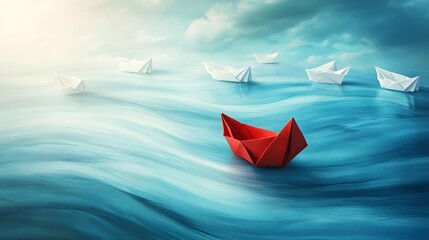 Obraz premium Red Origami Boat Leading White Boats on Ocean Waves