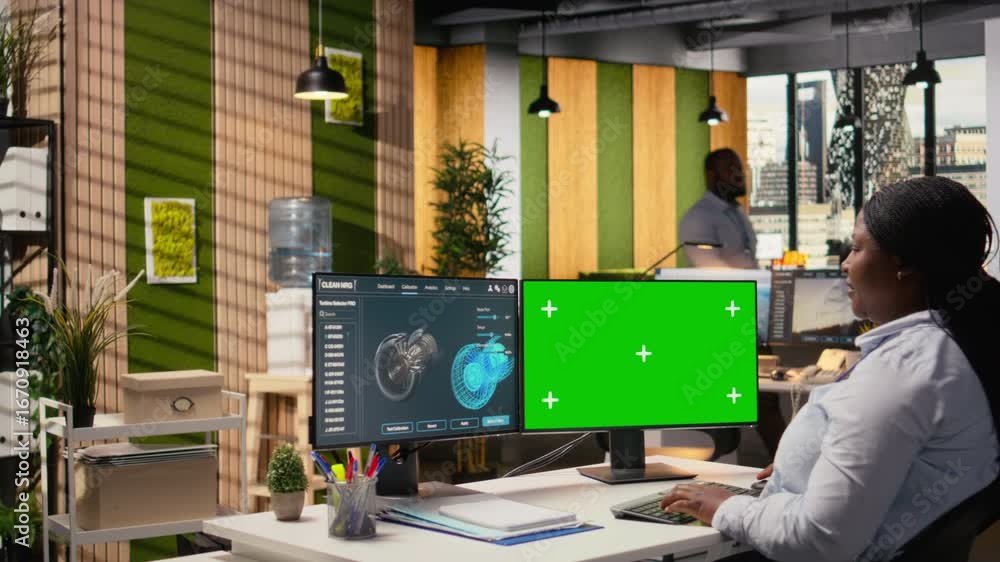 Poster researcher analyzes turbine parts on chroma key pc to maximize sustainability. cad designer uses sim