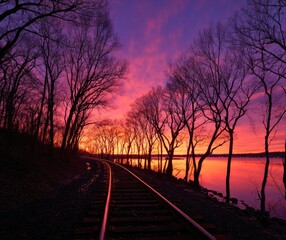 Sunrise on a railroad track by a lake. Silhouette trees frame a vibrant sunrise