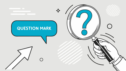 Hand holding magnifying glass with question mark search concept inquiry illustration question and answer FAQ help support problem solving investigation research mystery clue solution discovery find s.