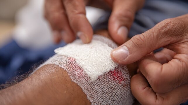 Medium frame of a paramedicine team member applying a protective dressing on a diabetic ulcer emphasizing hands and treatment with soft background.