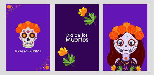 Fototapeta premium Day of the Dead Mexico poster set. National holiday September 16, Cinco de Mayo. Dia De Los Muertos. Colorful Mexican flowers. Fiesta poster party flyer greeting card. Vector illustration