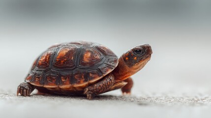 Obraz premium Small turtle walking slowly on a light surface with a blurred background. Metaphor for patience, persistence, and longevity. Good for concepts of growth and nature.